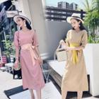 Checked Elbow-sleeve Midi A-line Dress With Belt