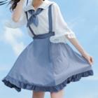 Sailor Collar Elbow-sleeve Blouse / Striped Panel Mini A-line Jumper Skirt