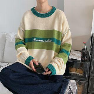 Letter Embroidered Striped Knit Top