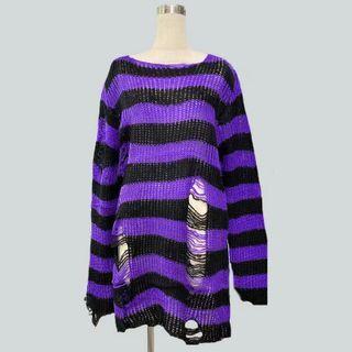 Striped Distressed Sweater Purple - One Size
