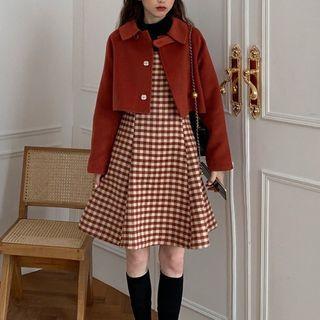 Set: Spaghetti Strap Plaid Midi A-line Dress + Woolen Jacket