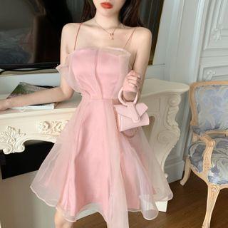 Spaghetti-strap Mini A-line Mesh Dress
