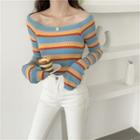 Long-sleeve Striped Knit Top Blue & Yellow & Tangerine - One Size