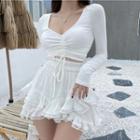 Long-sleeve Drawstring T-shirt / A-line Layered Skirt