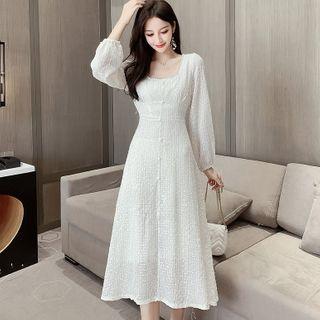 Long-sleeve Square-neck Plain A-line Dress