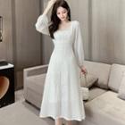 Long-sleeve Square-neck Plain A-line Dress