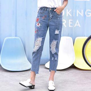 Floral Embroidered Ripped Cropped Jeans