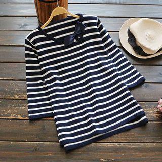 Bow Detail Striped Long-sleeve Knit Top