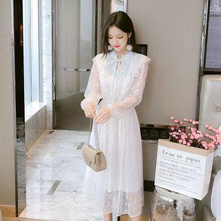 Long-sleeve Ruffled Tie-neck Lace A-line Midi Dress