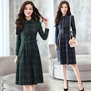 Long-sleeve Plaid Collared A-line Dress