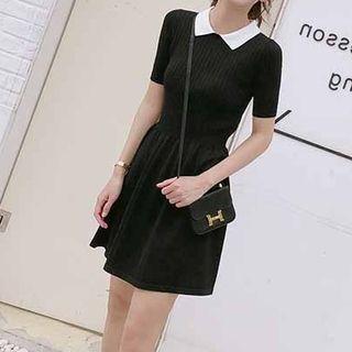 Color Panel Collared Short Sleeve A-line Knit Dress