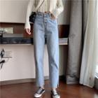 Plain Long-sleeve Knit Top / High-waist Straight-cut Cropped Jeans