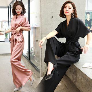 Set: Elbow-sleeve Wrap Top + Wide-leg Pants
