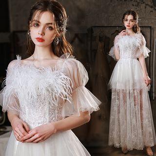 Puff-sleeve Fringed A-line Wedding Gown