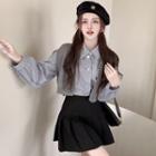 Sleeveless Plain Knit Vest / Long-sleeve Striped Shirt / High-waist Plain Pleated Skirt