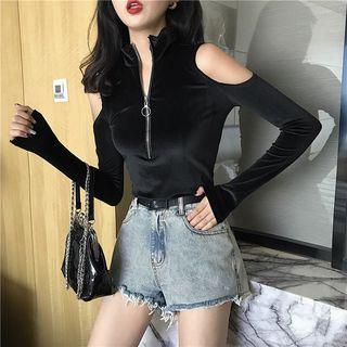 Mock Turtleneck Long-sleeve Cold-shoulder Velvet Top
