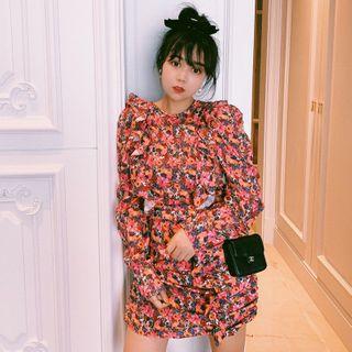 Floral Print Ruffled Long-sleeve Mini Sheath Dress