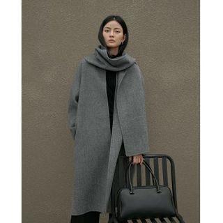 Open-front Wool Coat With Shawl Scarf Charcoal Gray - One Size