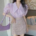 Puff Short-sleeve Blouse / Floral Pencil Skirt