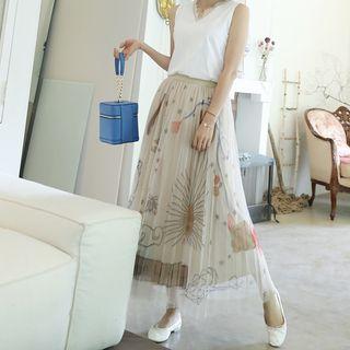 Artwork Print Pleated Tulle Skirt