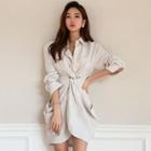Long-sleeve Twist-front Mini Sheath Shirtdress