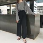 Striped Long Sleeve T-shirt / Plain Spaghetti Strap Suspender Pants