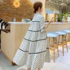Floral Ruffle Trim Stand Collar Loose-fit Dress