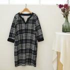 Open-placket Checked Shift Dress Black - One Size