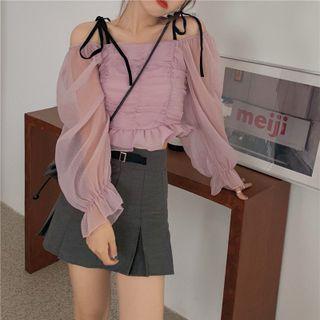 Cold-shoulder Mesh Shirred Blouse / A-line Skirt