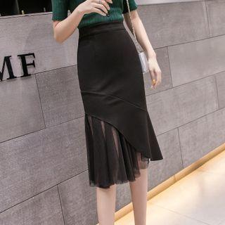 High-waist Asymmetrical Mesh Panel Fish Tail Maxi Skirt