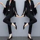 Set: Slit-sleeve Lace Panel Blazer + Dress Pants