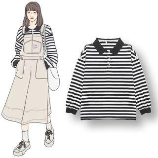 Striped Polo Collar Sweatshirt