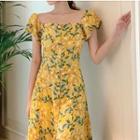 Printed Puff-sleeve A-line Dress Yellow - One Size