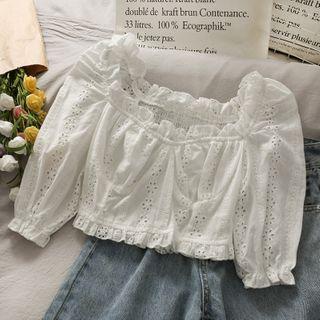 Eyelet Off-shoulder Ruffled-trim Crop Top White - One Size