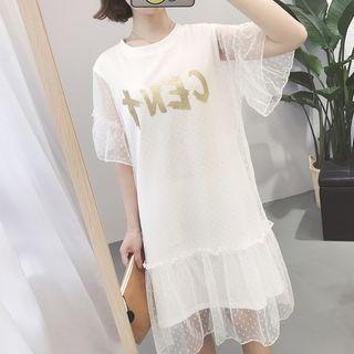 Set: Plain Tank Dress + Lettering Mesh Short-sleeve A-line Dress