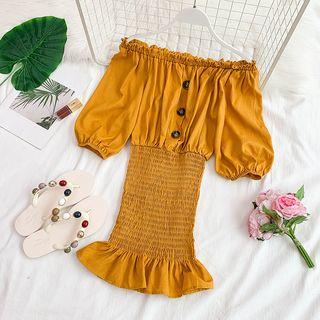 Off-shoulder Elbow-sleeve Shirred Dress