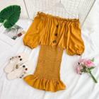 Off-shoulder Elbow-sleeve Shirred Dress
