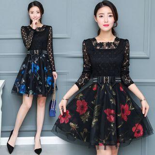 Square Neck Lace Panel Floral A-line Dress