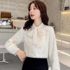 Bow Accent Fleece-lined Lace Blouse