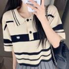 Short-sleeve Striped Knit Polo Shirt Stripe - Almond - One Size