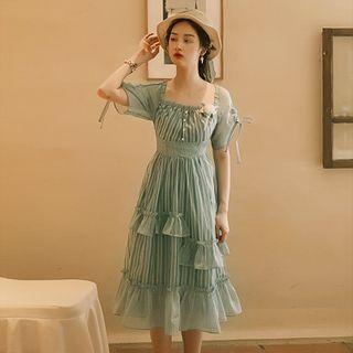 Balloon-sleeve Striped Ruffled A-line Dress