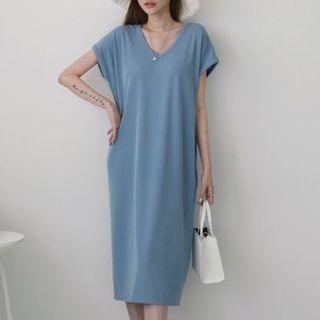 Cap-sleeve V-neck Ribbed Midi Dress