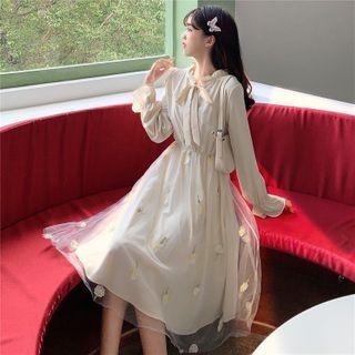 Long-sleeve Frill Trim Embroidered Mesh Overlay Midi A-line Dress