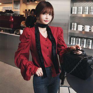 V-neck Shirred-sleeve Blouse With Scarf