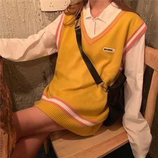 Striped V-neck Knit Vest / Long-sleeve Plain Shirt