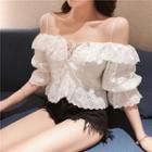 Cold-shoulder Elbow-sleeve Cropped Eyelet Blouse White - One Size