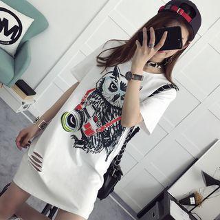 Owl Print Ripped Short Sleeve T-shirt Dress