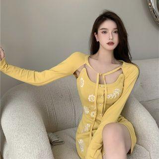 Embroider Floral Button-up Skinny Mini Dress / Plain Cardigan