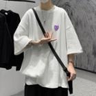 Round Neck Heart Print Elbow Sleeve Over-sized T-shirt