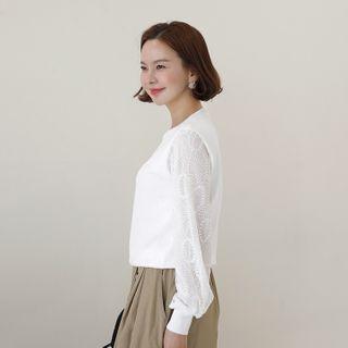 Bishop-sleeve Lace Overlay Knit Top